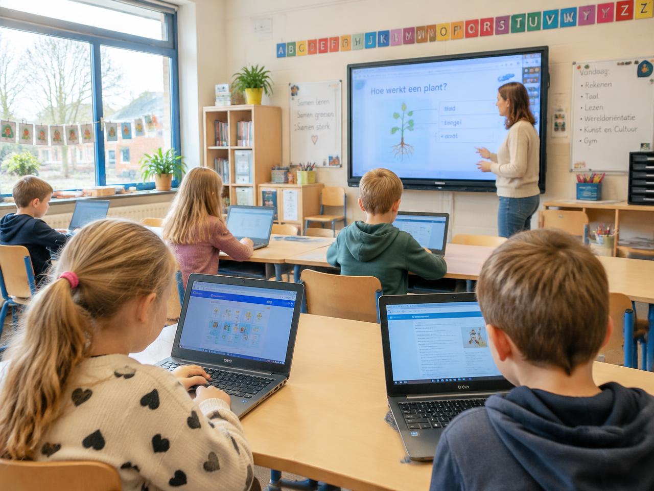 Leerlingen werken met laptops in de klas